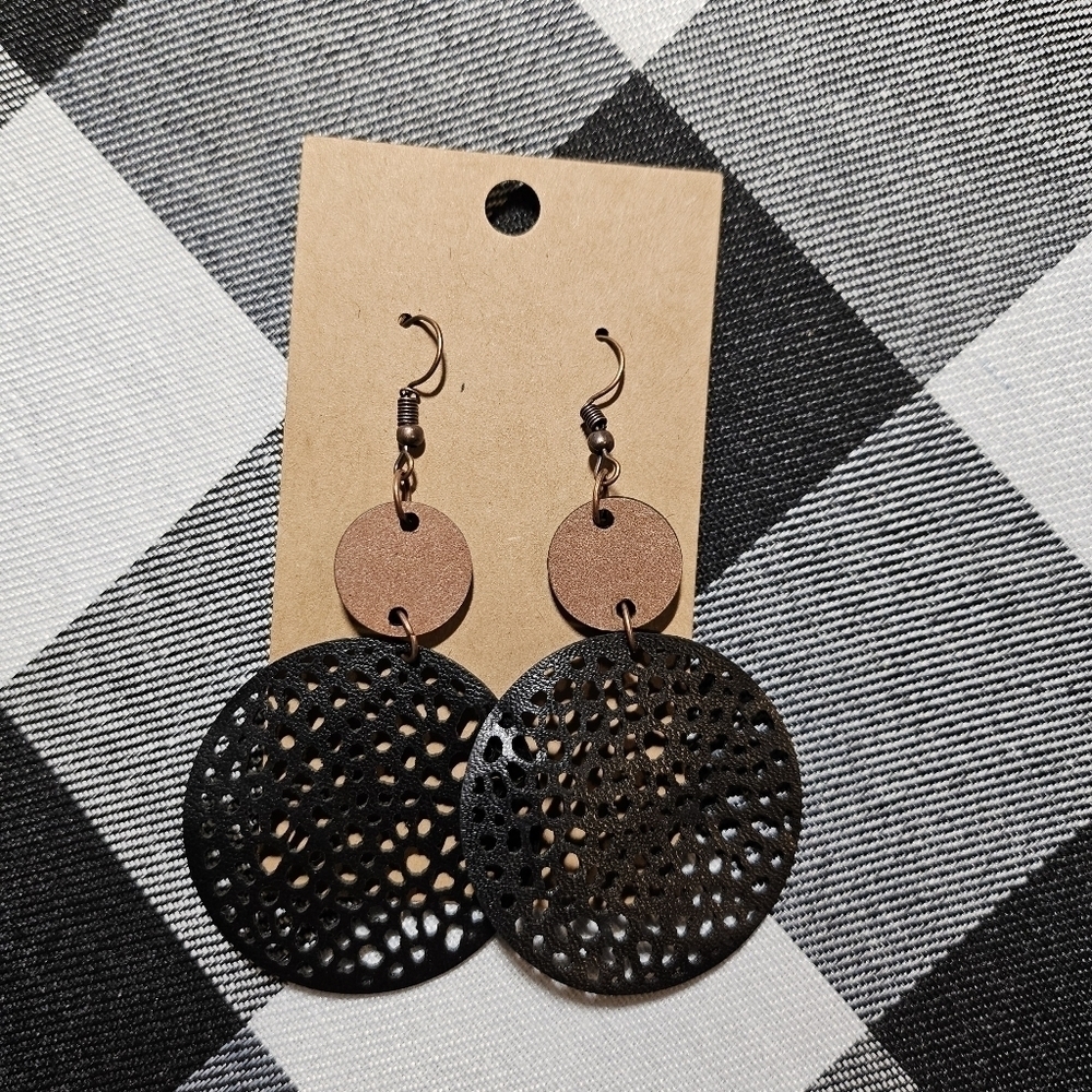 Handmade Faux Leather & Wooden Cut Out 3in Black Circle Dangle Earrings New